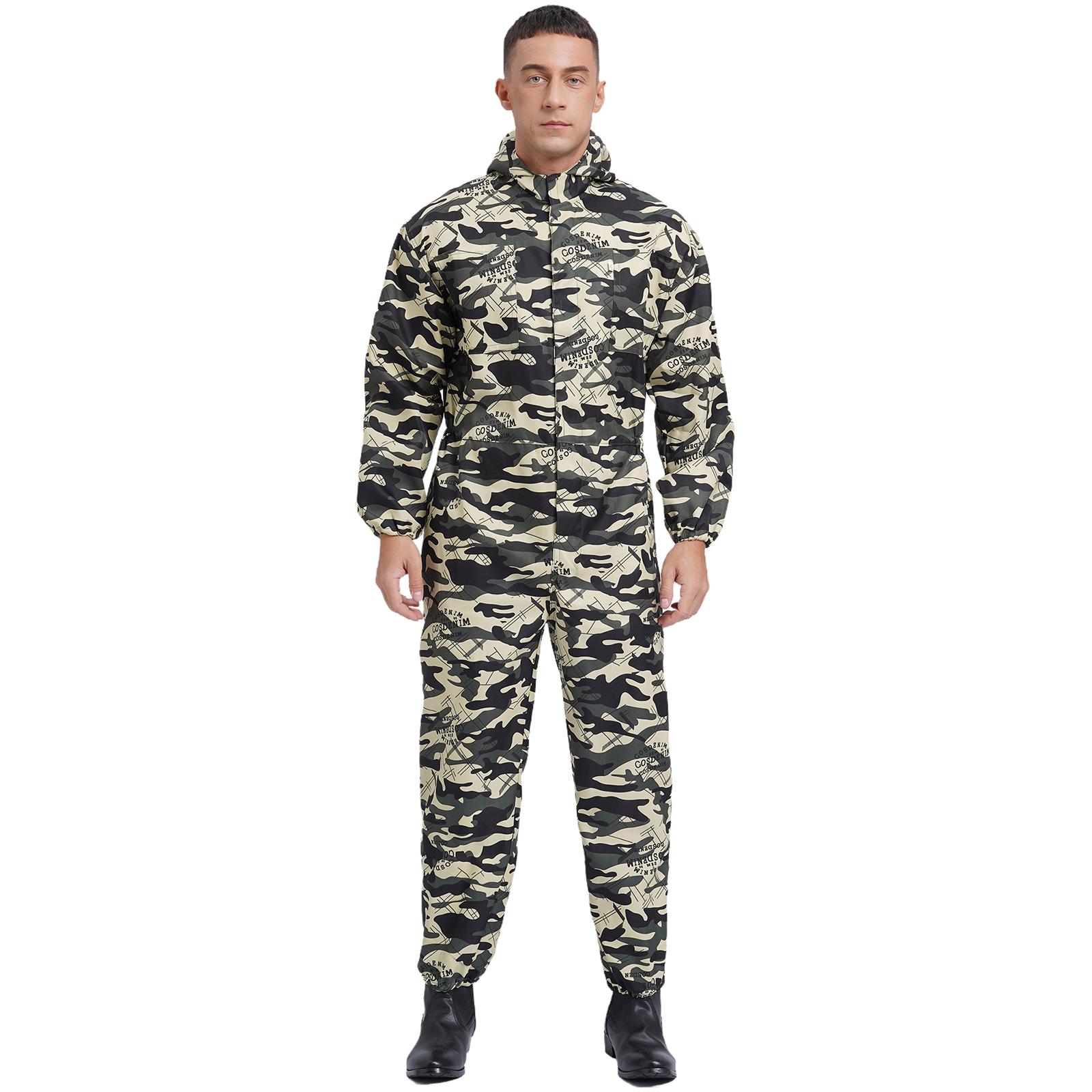 Langarm-Overall für Herren, große Taschen, Mechaniker-Uniform, Jumpsuit mit halbem Reißverschluss vorne M camouflage