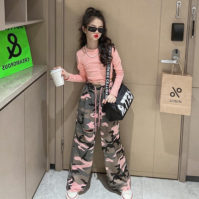 Mädchen Sets Mode Hip Hop Tops Cargo Hosen Zwei Stück Schule Teenager Kinder Tanz Kostüm 12 14 Jahre Kinder Kleidung 160 rosa