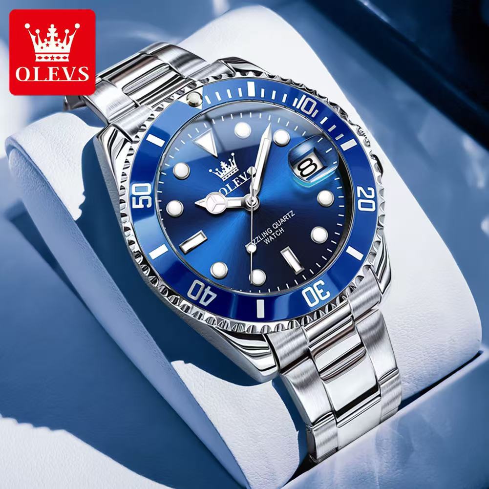 OLEVS 5885 mit Geschenkbox, luxuriöse grüne Wassergeist-Quarzuhr, wasserdichte Herrenuhr, Herrenuhr silber/blau