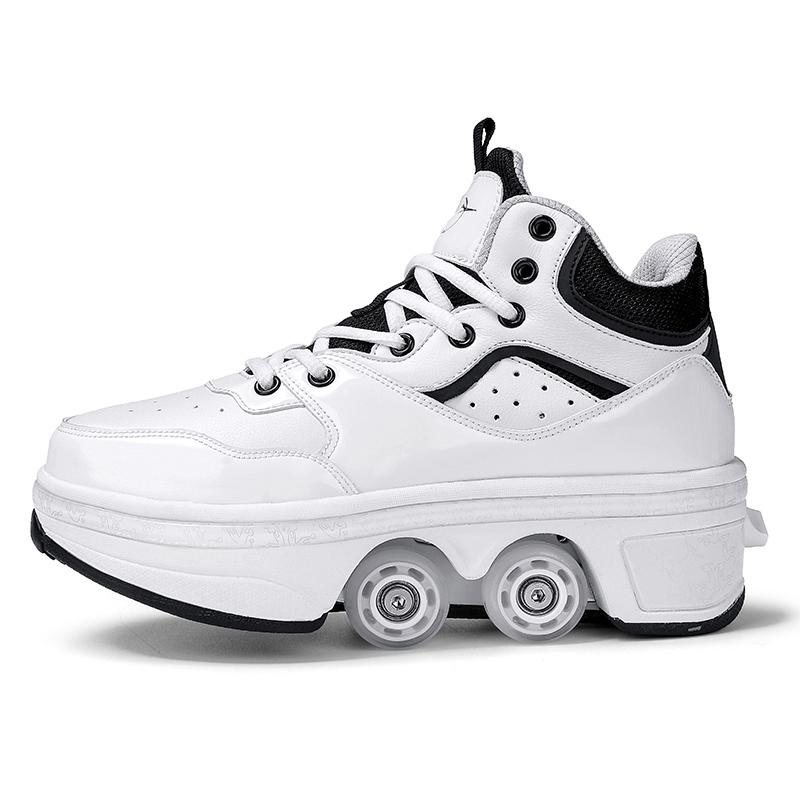 Kinderschuhe mit Rollen Rollschuhe Vierrad-Verformung Laufen Kann Rollschuh laufen Rollschuhe Mädchen Ausreißerschuhe 43 weiß