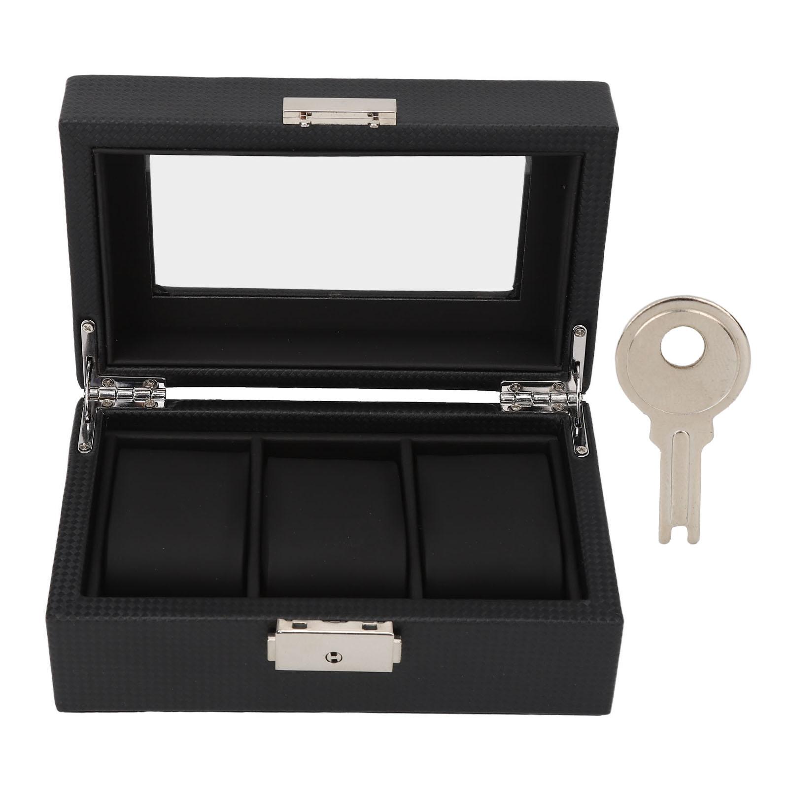 Uhrenbox mit 3 Fächern, abschließbar, klein, aus PU-Leder, Aufbewahrungskoffer für Uhren und Schmuck mit transparentem Deckel für Damen und Herren