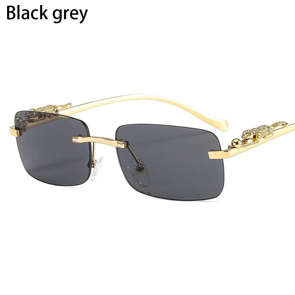 Randlose Rechteckige Sonnenbrille Retro Klare Ozeanlinse Sonnenbrille Geparden Dekoration Shades UV400 Brillen für Damen Herren schwarz/grau