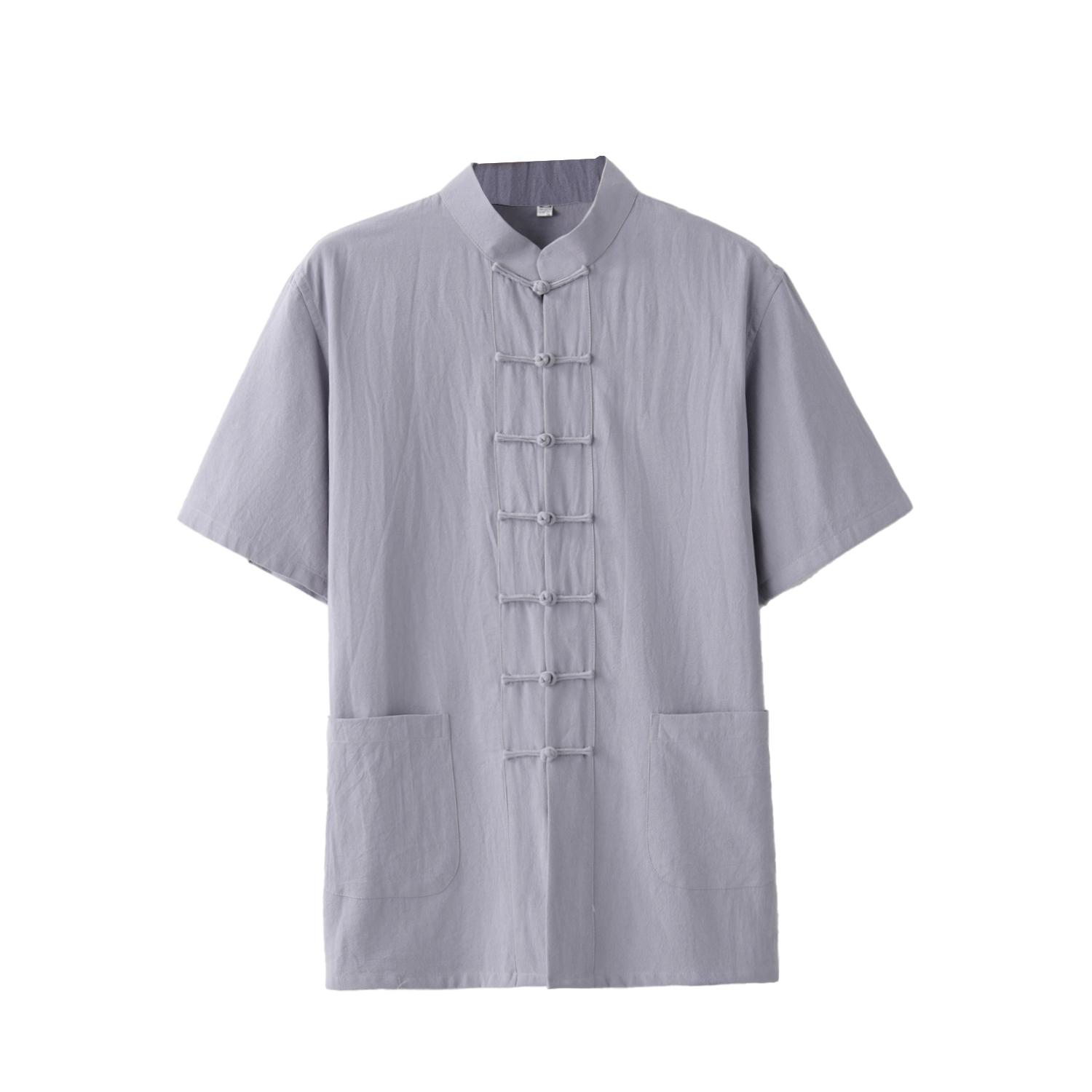 Traditioneller Kleidungsstil Kurzarm Tai Chi Reines Baumwollhemd Tang-Anzug Uniform für Männer Kung Fu Tang Zhuang Männliches Oberteil M hellgrau