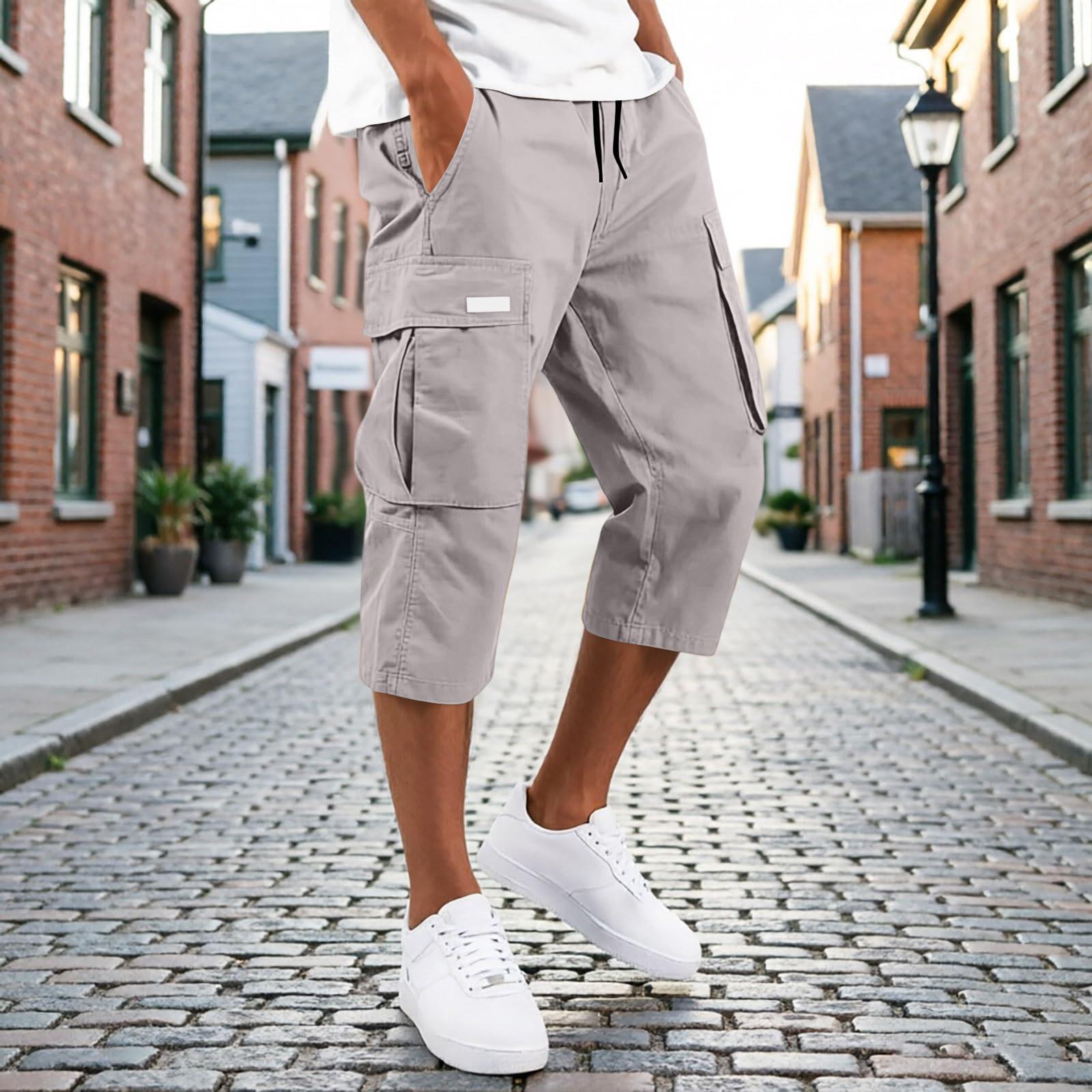 Herren Cargo-Capri-Hose mit Kordelzug und mehreren Taschen, lockere Passform, Dreiviertellänge, lässige Hose für den Alltag XXXXL beige