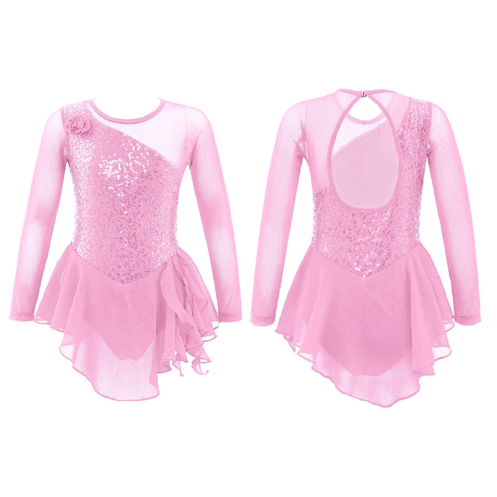 Eiskunstlaufkleid für Kinder, Eislauf-Wettkampfkleidung, Mädchen-Ballett-Tanz-Gymnastik-Kleider 3-4 Years rosa