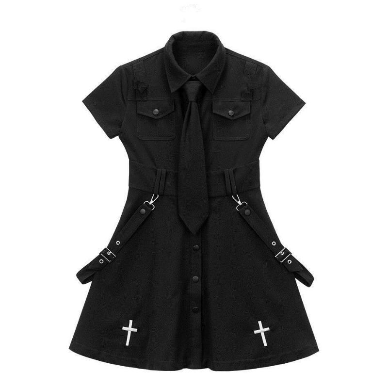 Gothic Kleid Sexy Minirock für Frauen Harajuku Schwarz Minikleid Polo Kragen Koreanische Streetwear Damen Kleid Große Größe L schwarz
