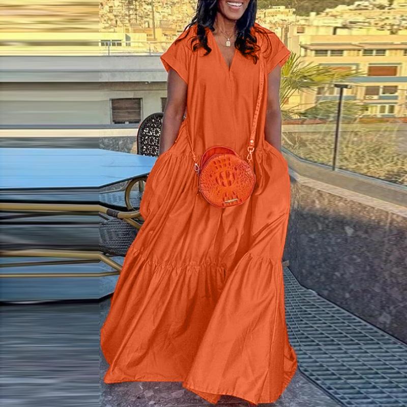 VONDA Damen Sommerkleider mit V-Ausschnitt und kurzen Ärmeln XL orange