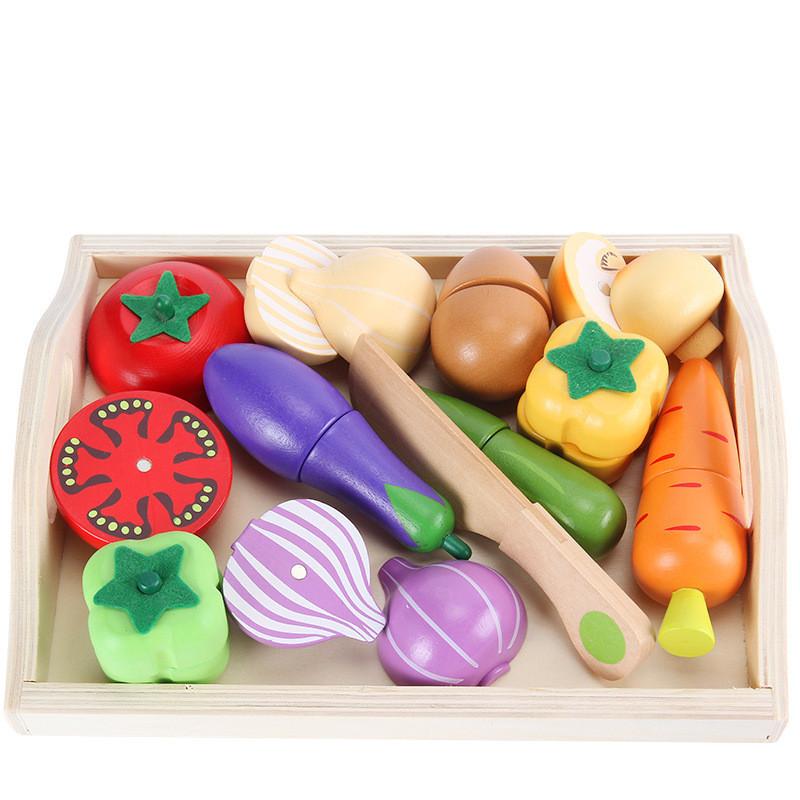 Holz-Spielzeugessen für Kinderküche, Obst- und Gemüse-Schneideset, Rollenspiel, Montessori-Spielzeug für Jungen und Mädchen im Alter von 2, 3, 4, 5, 6 Jahren