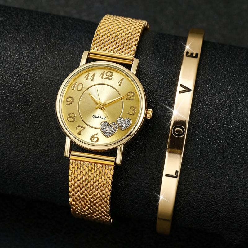 Einfache Damen-Mode-Quarzuhr, Mesh-Edelstahl-Armband, lässige Damen-Armbanduhren goldgelb