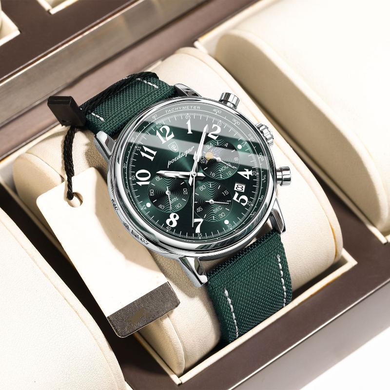 POEDAGAR Luxus Militär Sportuhr für Herren Wasserdicht Leuchtend Chronograph Datum Herrenuhren Quarz Nylonarmband Herrenuhr grün