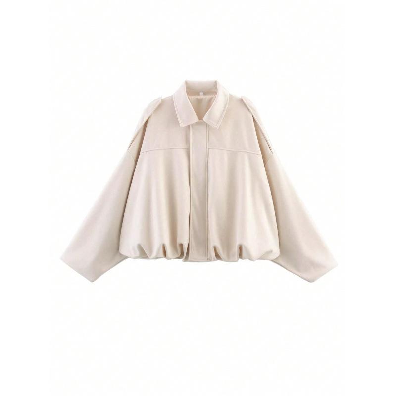 Damen Kurze Pilotenjacke Frühling/Herbst/Winter Jacke Locker Langarm Reißverschluss Retro Jacke Damen Neue Jacke XS beige