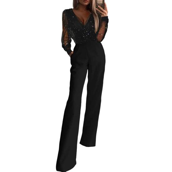 Damen-Jumpsuit, durchsichtiges Netz-Patchwork, hohe Taille mit Taschen, weites Bein, V-Ausschnitt, Abschlussball, Party, formeller Bankett-Jumpsuit M schwarz