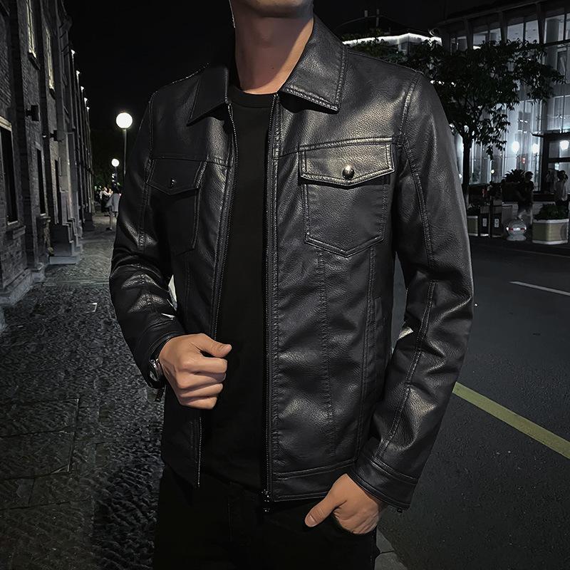 Herbst männer Leder Jacke Lässige Mode Revers Kragen Motorrad Kleidung Männer Dünne Qualität Leder Mäntel L