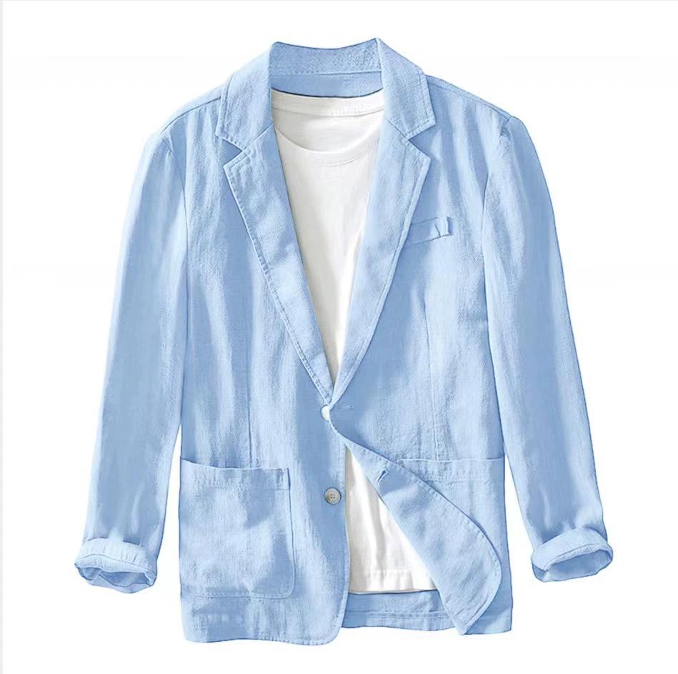 Herrenanzug Casual Einlagige Jacke Unifarben Baumwolle Leinen Casual Mode Herrenoberteil XL hellblaue