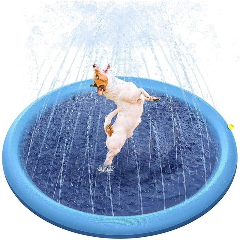 Sommer Hundespielzeug Splash Sprinkler Matte Haustier Schwimmbad Interaktives Haustier Kinder Interaktives Spielen im Freien Wassermattenspielzeug 150cm blau