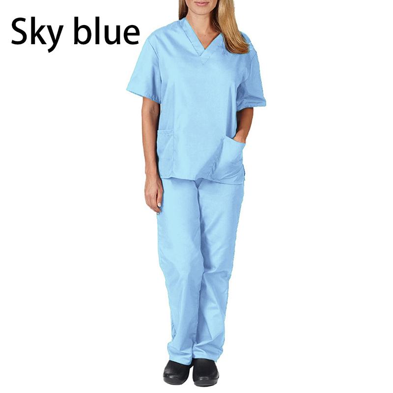 2-teiliges Sommer-Outfit, dünnes, solides Oberteil + lockere Hose, kurze Ärmel, schnell trocknend, Krankenschwester-Anzug, V-Ausschnitt, Krankenpflege, Arbeit M himmelblaue