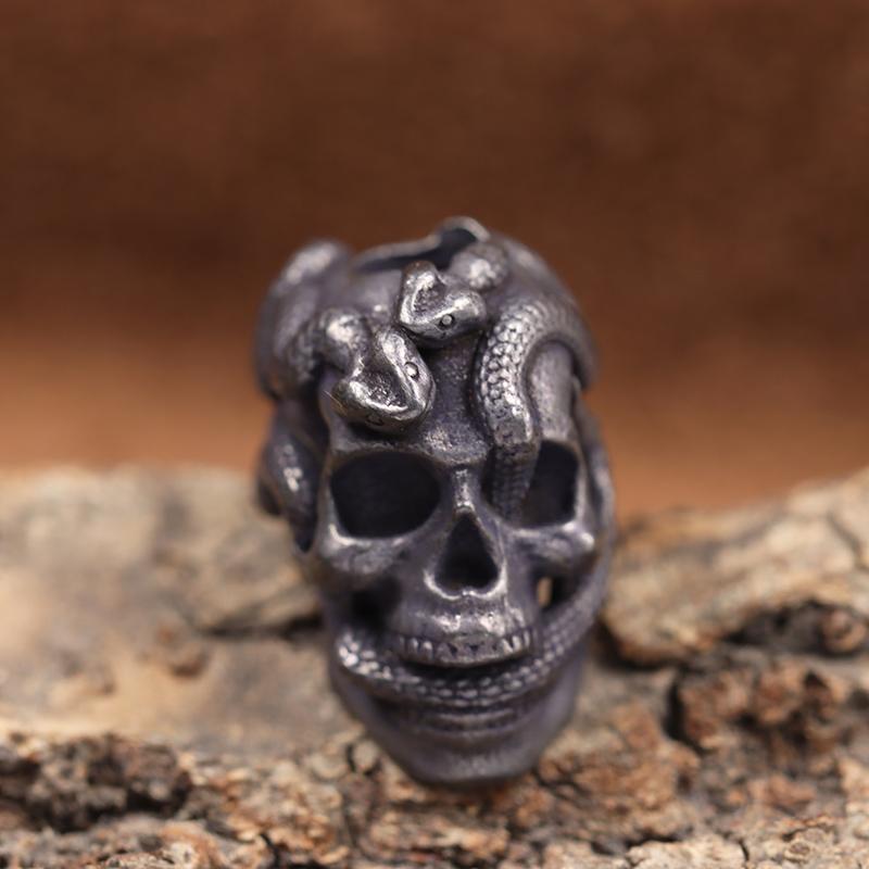 Doppel Schlange Schädel Kopf Messing Messer Perle EDC Outdoor DIY Paracord Zubehör Gewebt Lanyard Anhänger Schmuck Punk Armband Charms Black