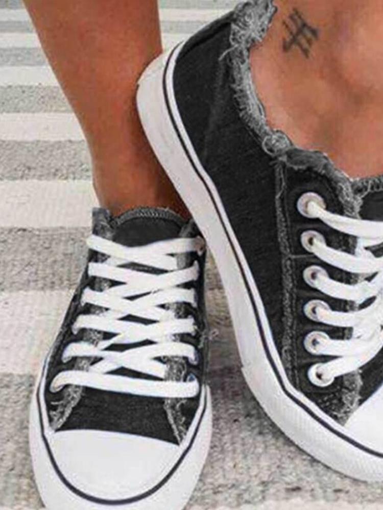Damen Canvas Schuhe 2024 Sommer Plus Size Denim Canvas Schuhe Damen Schnürschuhe Casual Schuhe Damen Flache Loafer Schuhe 41 schwarz
