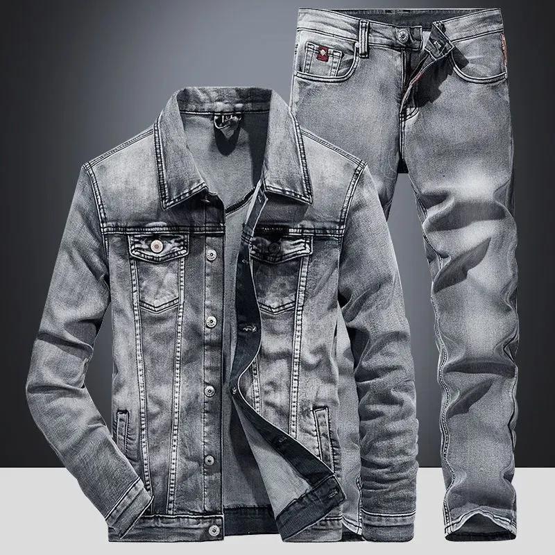 Herren Denim Anzug Verschleißfest Atmungsaktiv Anzug Denim Jacke + Jeans 2-teiliges Set M grau