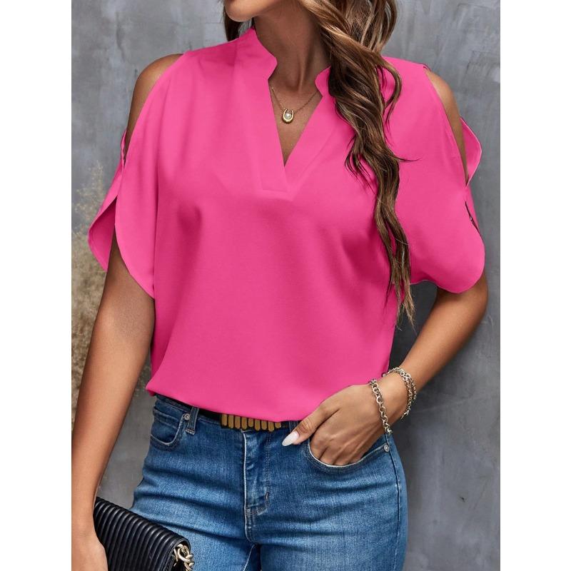 YYFS Damenmode, lässig, Sommer, Frühling, einfarbig, bedruckt, kurzärmelig, V-Ausschnitt, Blusen und Hemden S hellrosa