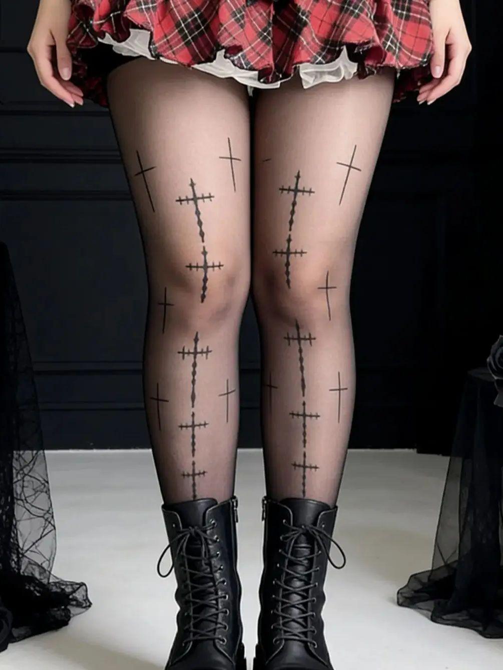 1 Paar schwarze Netzstrumpfhosen für Damen mit Kreuzmuster, Gothic-Strumpfwaren für Nachtclub & Gothic-Outfits S beige