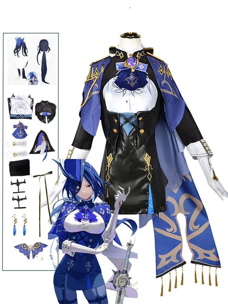 Clorinde Cosplay Impact Kostüm Kleid Perücke Hut Fontaine Uniform Umhang Ohrringe Halloween Kostüm für Frauen Cosplay Outfit XXL-(Costume+Wig)