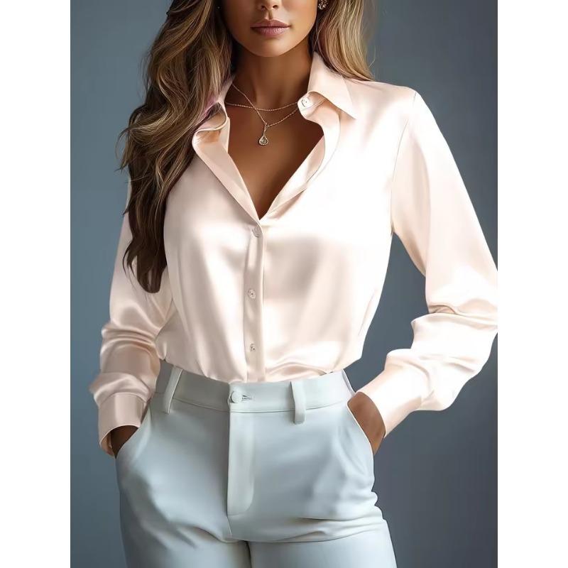 Damen Satinhemden Elegant Schlicht Langarm Bluse Büro Dame Knopfleiste Hemd Oberteil Herbst Weiblich Rundhals Shirts Bluse S champagner