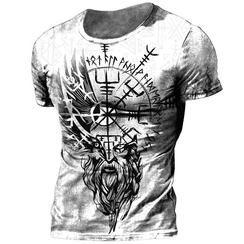 Retro Viking Tattoo 3D-Druck Herren T-Shirts Sommer Viking Odin Rundhalsausschnitt Lose Kurzarm Casual Tops Tees Übergroße T-Shirts 5XL