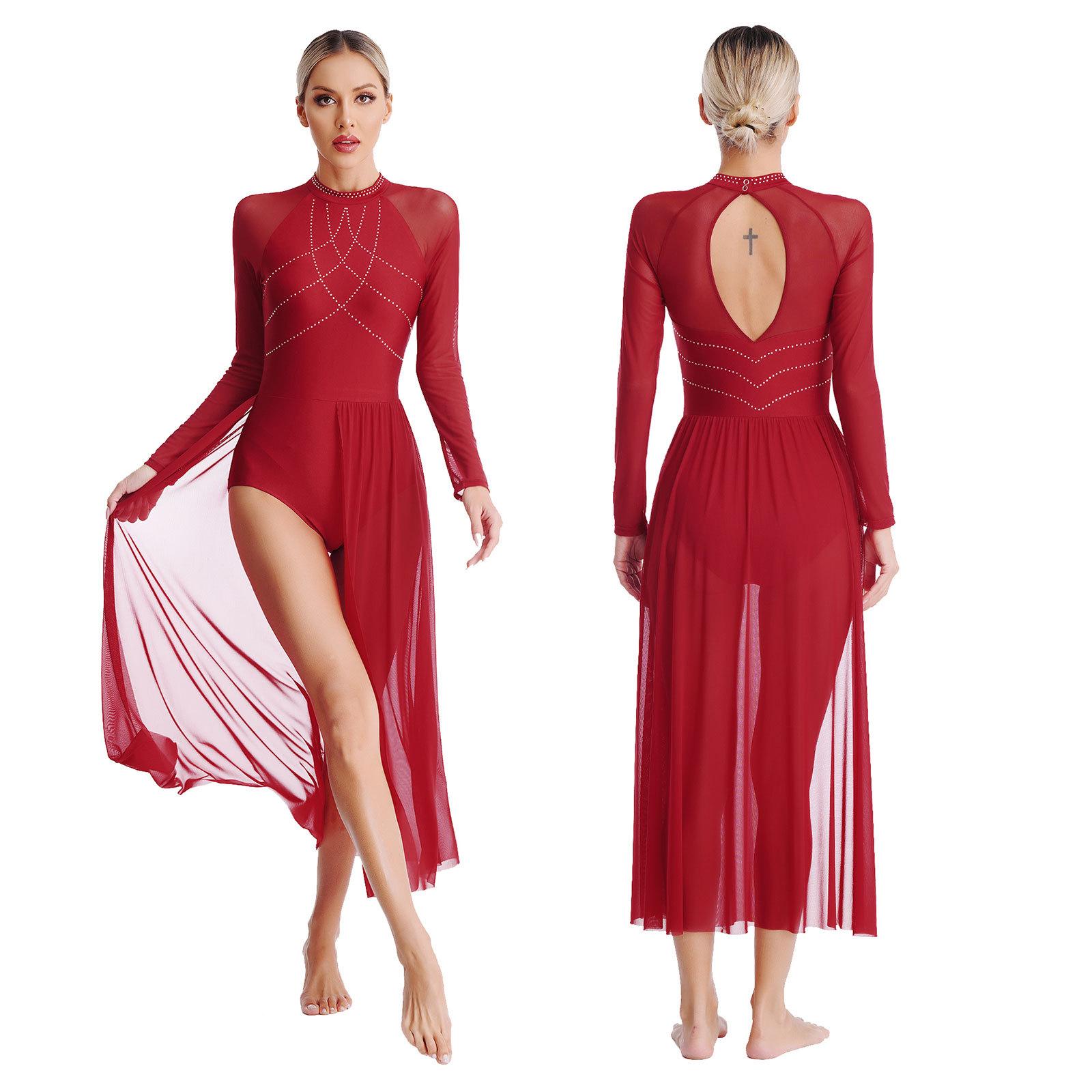 Damen Modernes Lyrisches Tanzkleid Strass Gymnastiktrikot Schlitz Maxi Kleider Langarm Ballett Bühnenauftritt Tanzbekleidung XL bordeaux