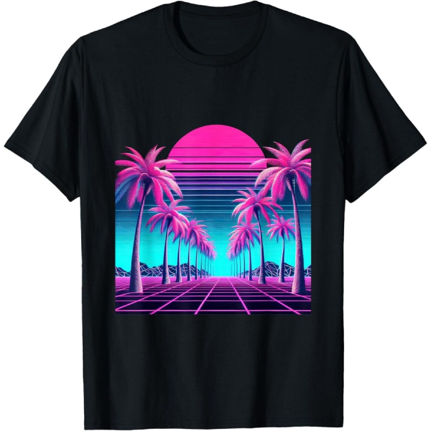 Retro 80er Vaporwave Ästhetik Palmen Sonnenuntergang 90er Kunst T-Shirt L schwarz