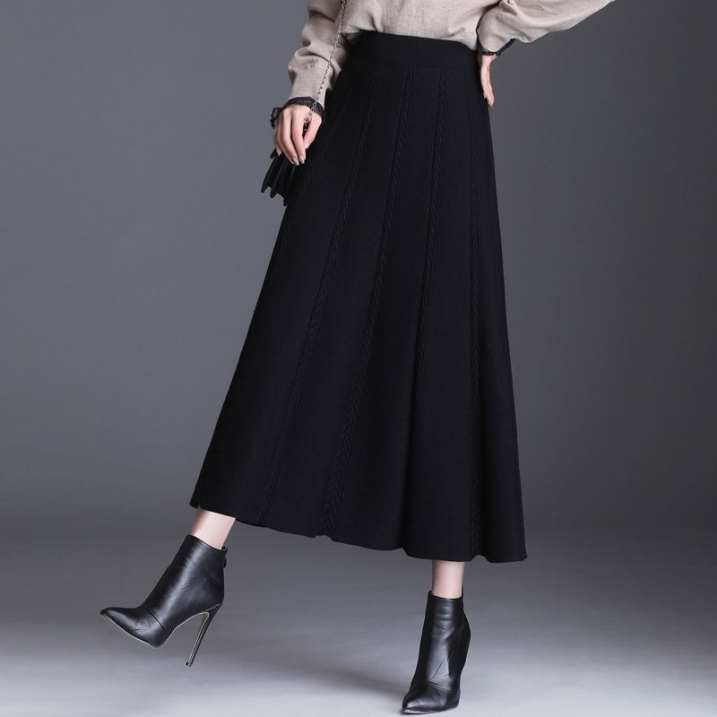 Herbst Winter frauen Temperament Midi Gestrickte Rock Weiblichen Rock Hohe Taille Verdicken Solide Schlanke Mid-länge A-linie Rock faltenrock 2XL schwarz