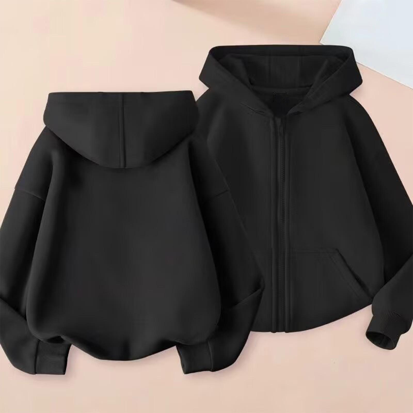 Kindermode Einfarbig Langarm Freizeitjacke Reißverschluss Kapuzenpullover Sweatshirt Jacke 150 schwarz