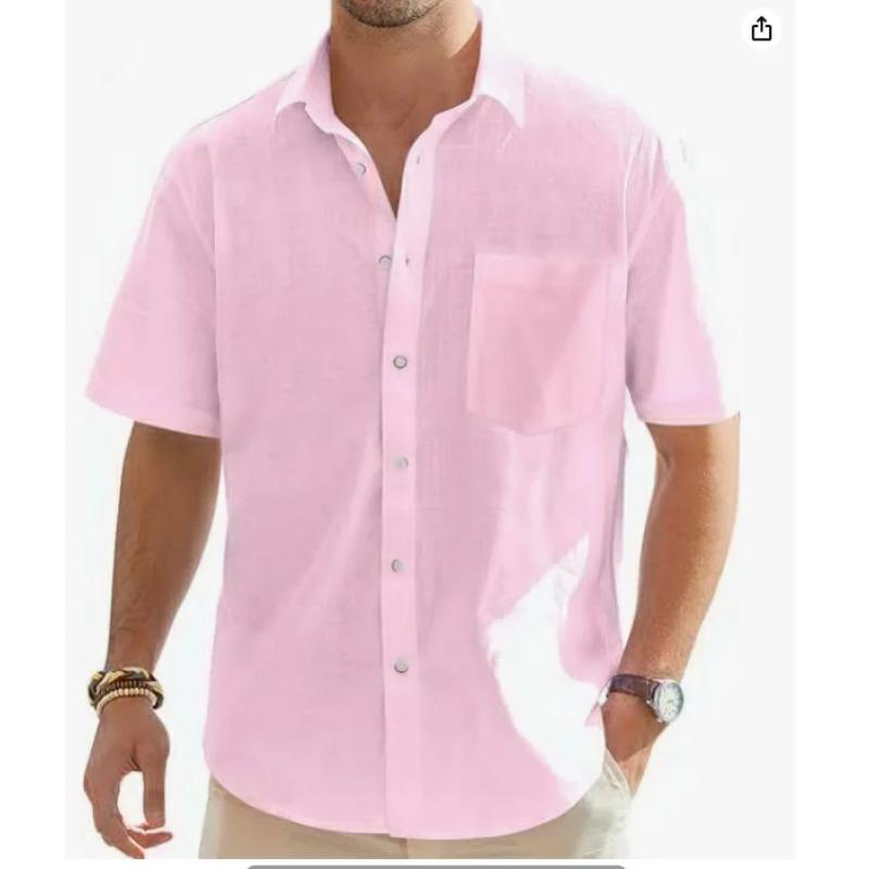 Herren Sommer Neuer Stil Europäische und Amerikanische Mode Klassisch Bequem Atmungsaktiv Baumwolle und Hanf Einfarbig Top Hemd XXXXL rosa