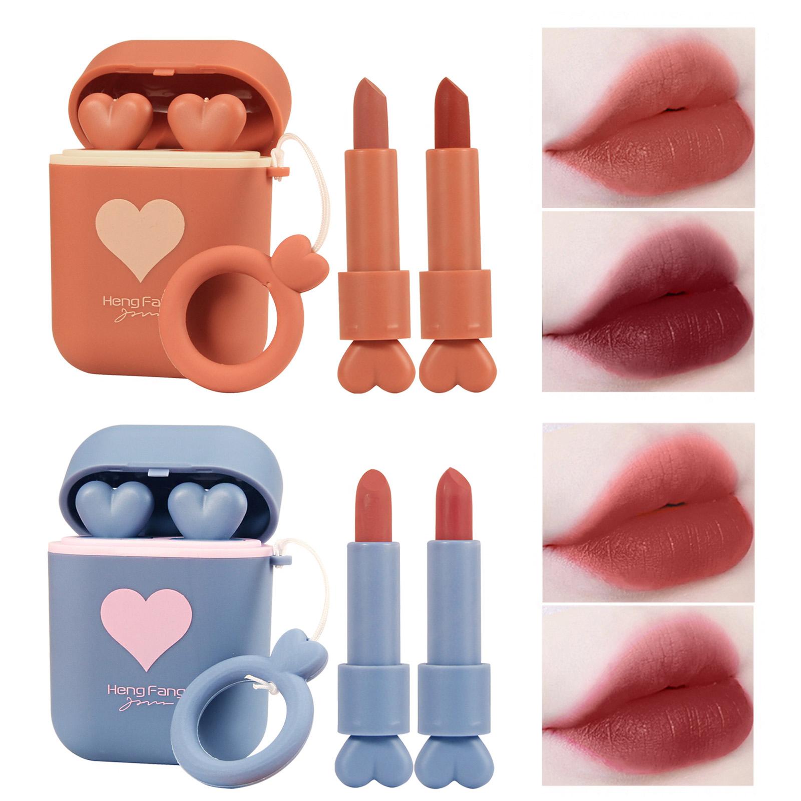 Hengfang 2Set/Lot Kopfhörer Love Icon Doppelschlauch Antihaft-Cup Langlebiger wasserdichter Lippenstift Matte Kopfhörerform Lippenstift Nude Red Lips Makeup