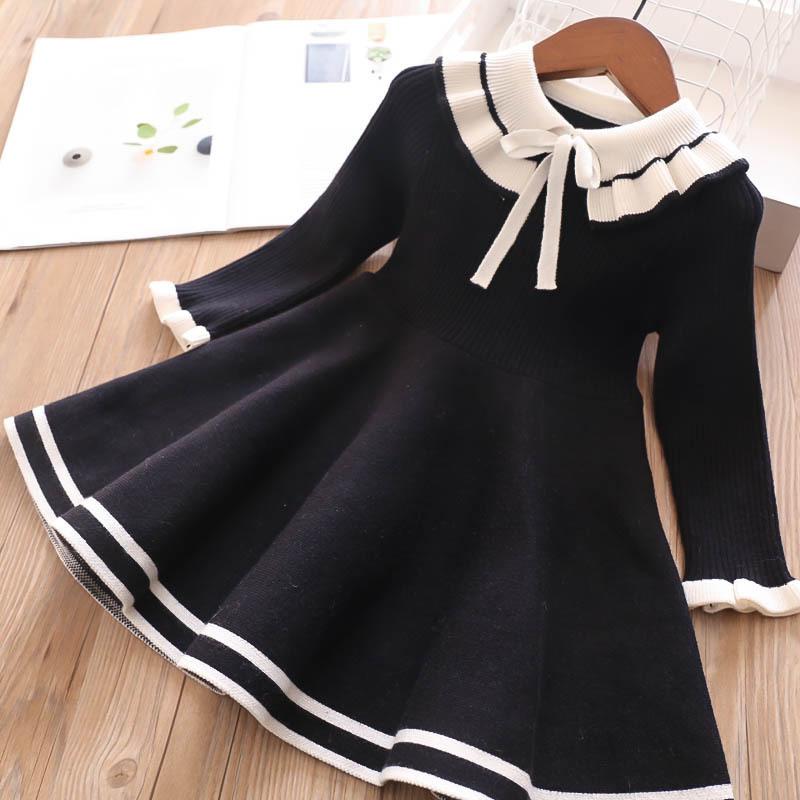 Herbstliche Kinderkleider für Mädchen, modisches Kostüm für kleine Mädchen, warmes Strickpulloverkleid, süße Schulkleidung 7T schwarz