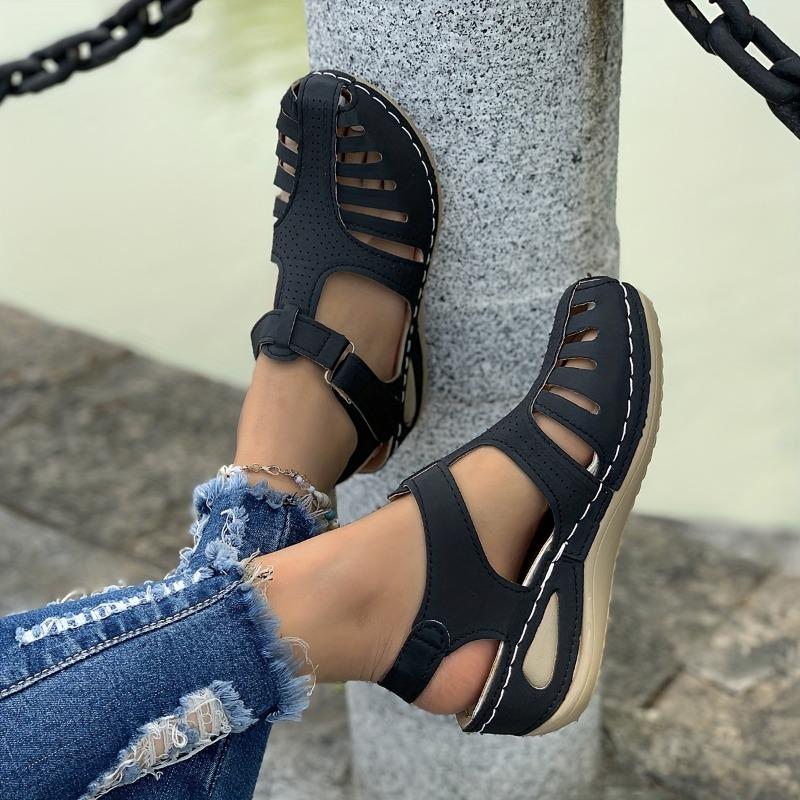 Einfarbige, trendige Sandalen für Damen, Slingback-Retroschuhe mit geschlossener Spitze und Plateau, vielseitige Sommerschuhe mit niedrigem Keilabsatz 37 schwarz