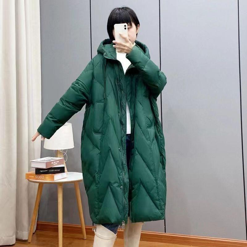 Damen Lockerer Langer Mantel Weiße Entendaunenjacke Damen Winter Damen Übermantel Winter Kapuzen-Pufferfederparkas L grün