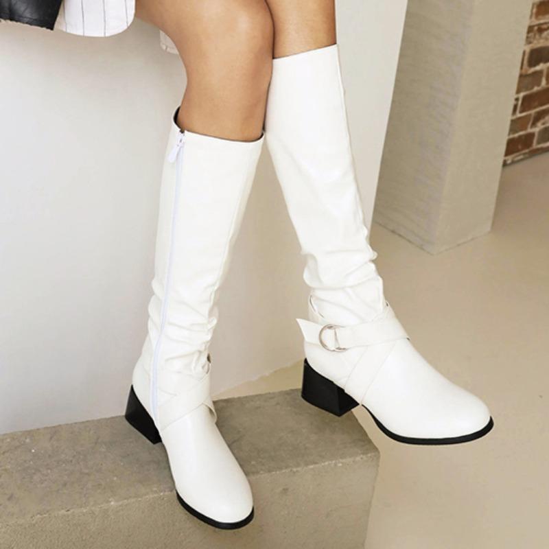 Damen Neue Heiße Verkauf Über Knie Hohe Stiefel Schnalle Runde Kappe Hohe Stiefel Frauen Plissee Niedrigen Absatz Casual Leder Winter Frauen stiefel 38 weiß