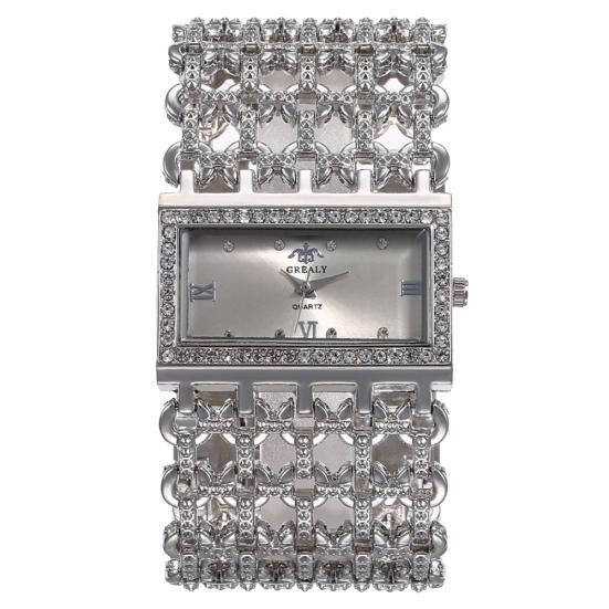 Damenuhr mit glitzerndem Zifferblatt, Quarz, hohle Ziffer, römisches breites Band, quadratische Armbanduhr, Strass, klassische Uhren silber