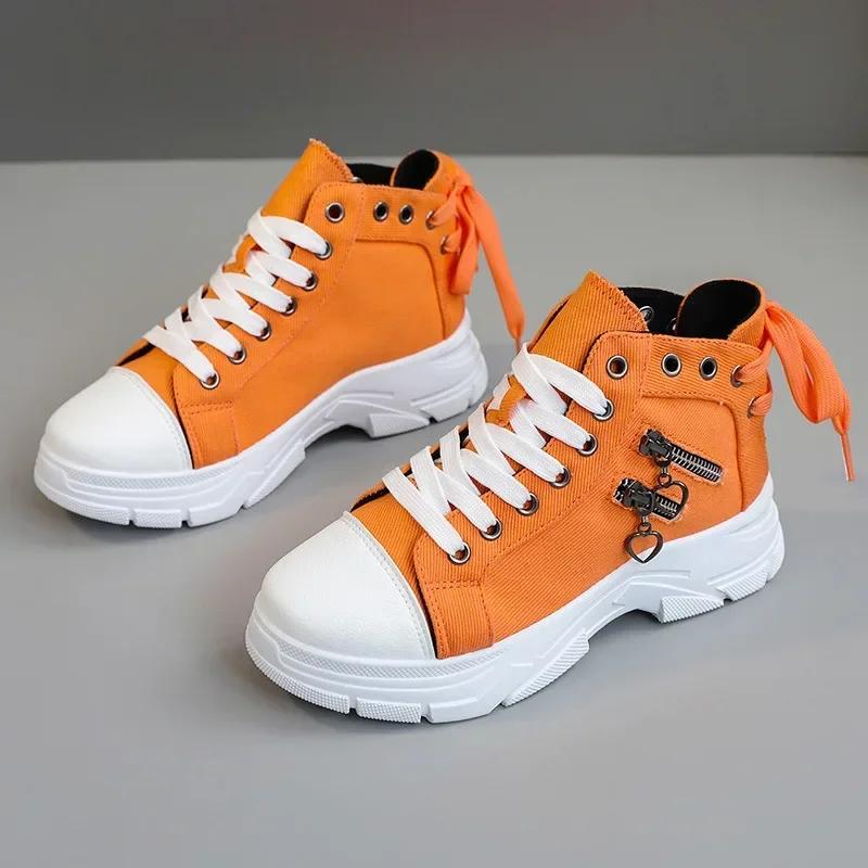 Damen Kurze Stiefel Sneakers High Top Damen Denim Canvas Schuhe Damen Sneaker Studenten Freizeitschuhe für Damen Plateau Damenschuhe 43 orange