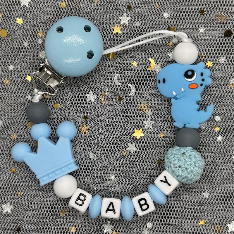 Heißer Verkauf Personifizierte Name Handgemachte Schnuller Clip Halter Silikon Dinosaurier Schnuller Kette Baby Beißring Beißring Kette Geschenk blau