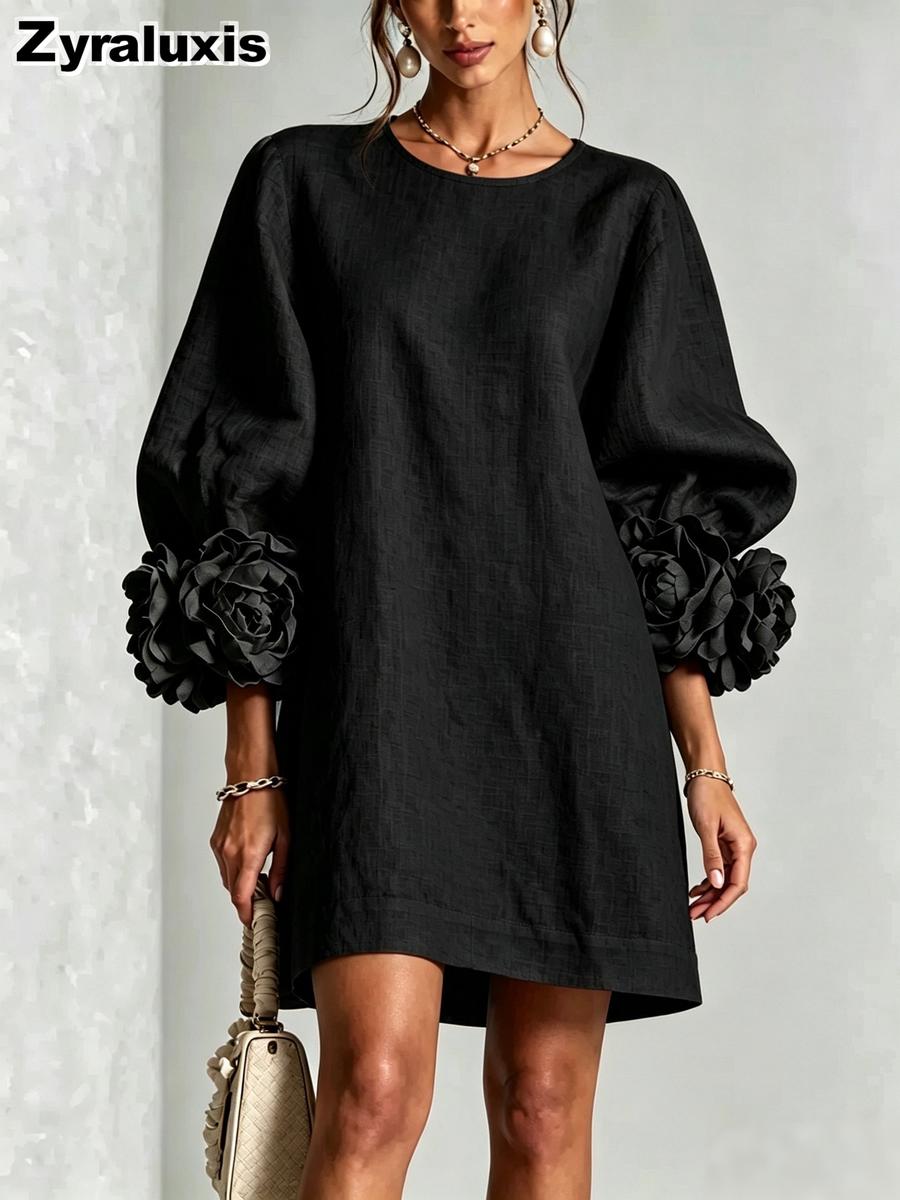 Herbst Neuer Stil Mode Damenkleider Französisches Spitzen-Laternenärmelkleid XL schwarz