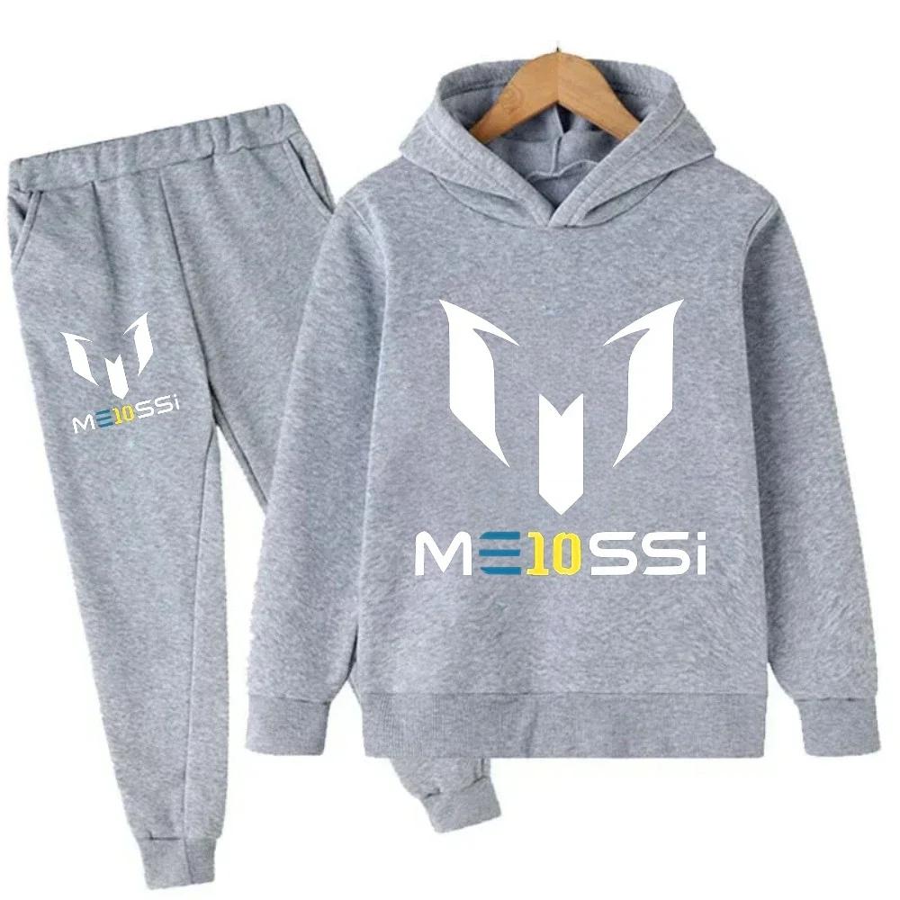 Herbst Winter Fußball Superstar Messi Aufdruck Kinder Kapuzenpullover 2er Set + Hosenanzug Jungen Mädchen Freizeit Mode Kinder Sweatshirts 160 gray
