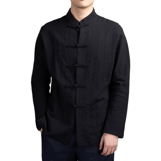 Männer Herbst Chinesischen Stil Hemd Top Mandarin Kragen Langarm Taschen Disc Taste Traditionelle Kung Fu Tai Chi Hemd Tang tops Uniform M black