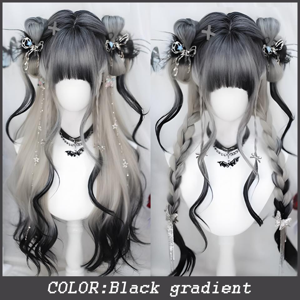 WTB Synthetische Lolita-Perücke, weiblicher Teufelsbote, grau-schwarzer Farbverlauf, langes lockiges Haar mit Pony, Weihnachten, Cosplay, Party-Perücke 70cm