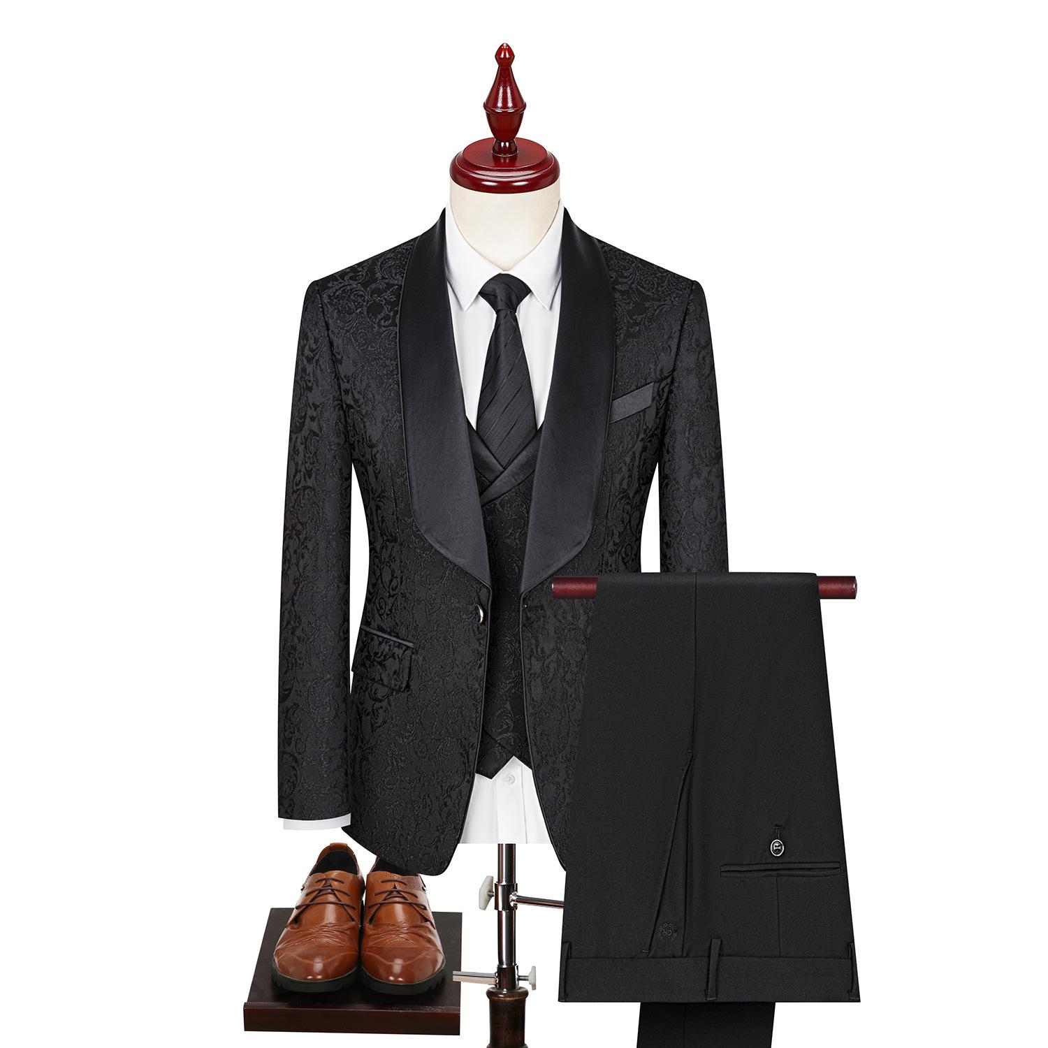 Frühling Herren (Anzug + Weste + Hose) Britischer Stil Business Casual Dreiteiler Hochdichtes Jacquard Hochzeitskleid M schwarz