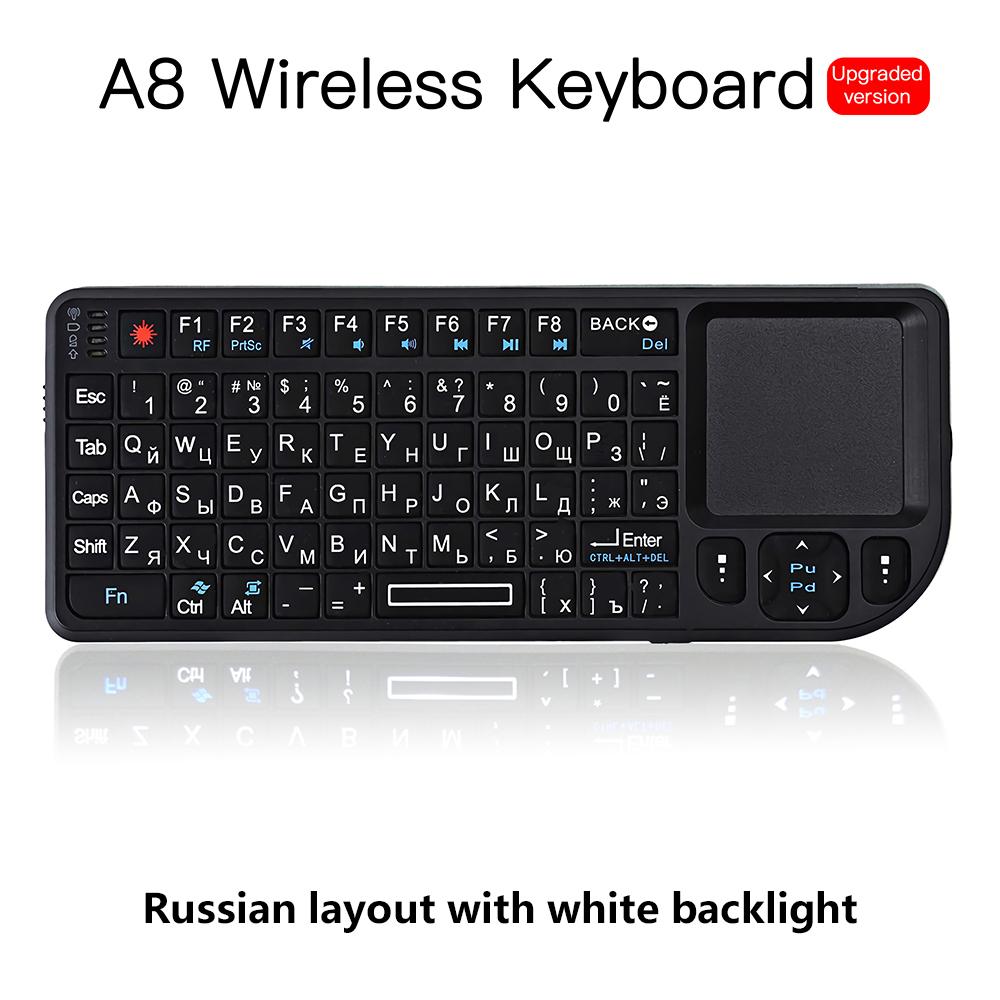A8 Mini Drahtlose Tastatur 2.4G RF Hintergrundbeleuchtetes Touchpad Russisch Englisch Tastatur USB Wiederaufladbare Luftmaus für PC Notebook Smart TV Box White Backlight black