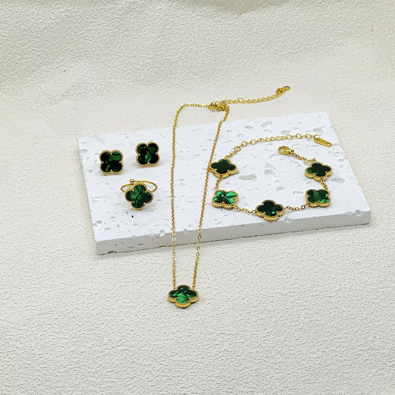 4-teiliges Kleeblatt-Armband, Halskette, Ohrringe, Ring, vierteiliges Set, modisches Schmuckgeschenk 4PCS