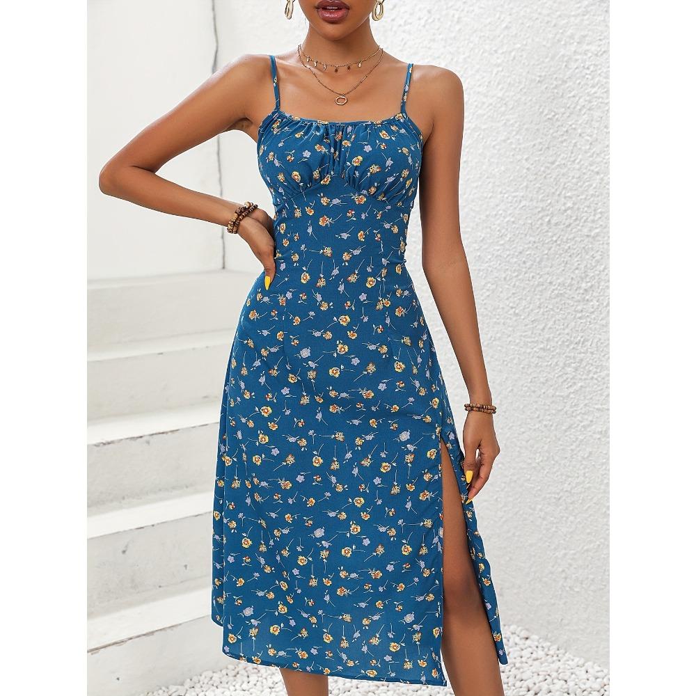 2025 Sommer Sexy Spaghetti-Trägern Kleid Damenmode Polka Dot Print Ärmelloses Kleid mit Schlitz Boho Casual Beach Midi Kleider 2XL blau
