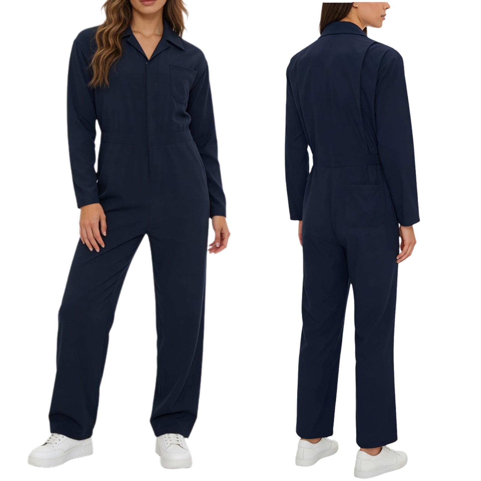 Damen Vollkörper Langarm Umlegekragen Reißverschluss Overall Arbeitskleidung Jumpsuit M navy blau